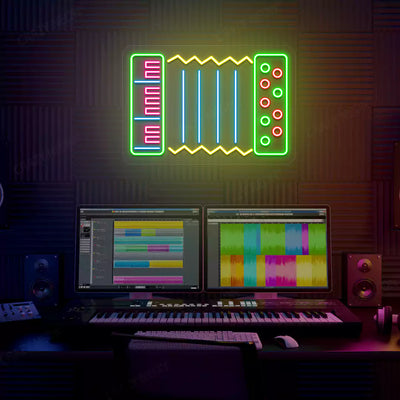 ice blue accordion neon sign mounted on a wall