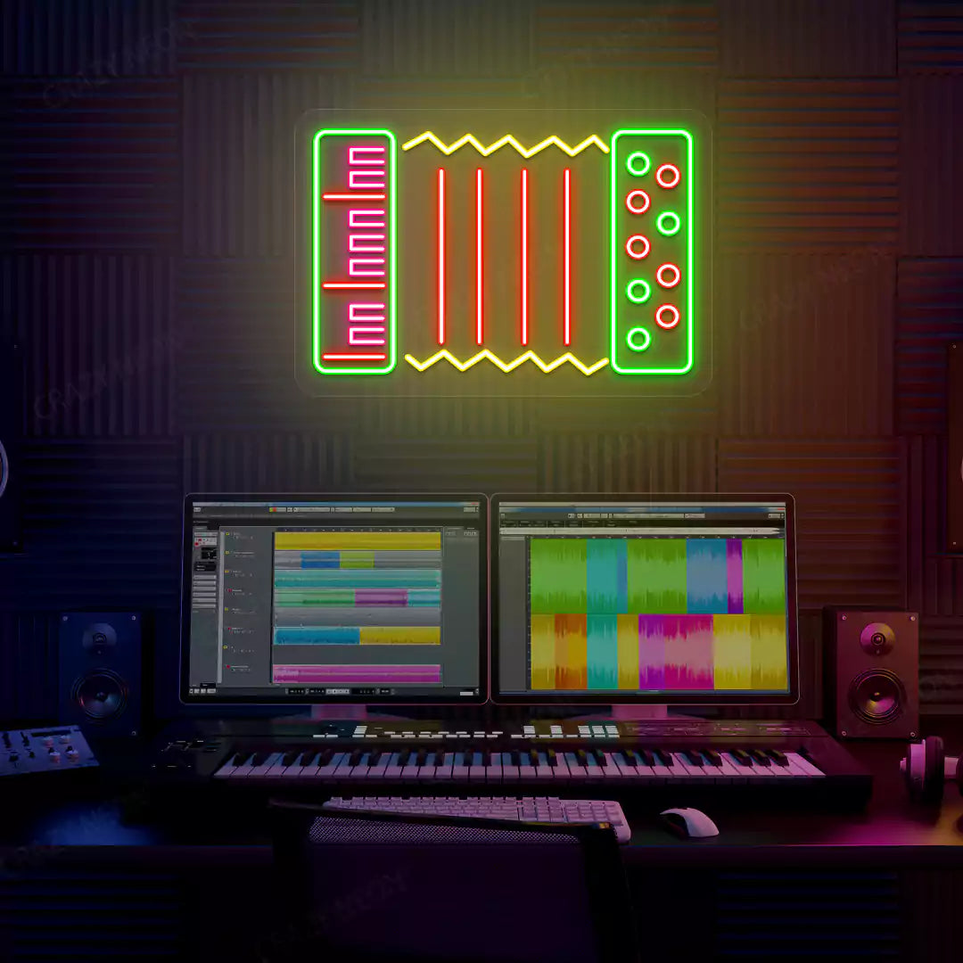 red accordion neon sign mounted on a wall