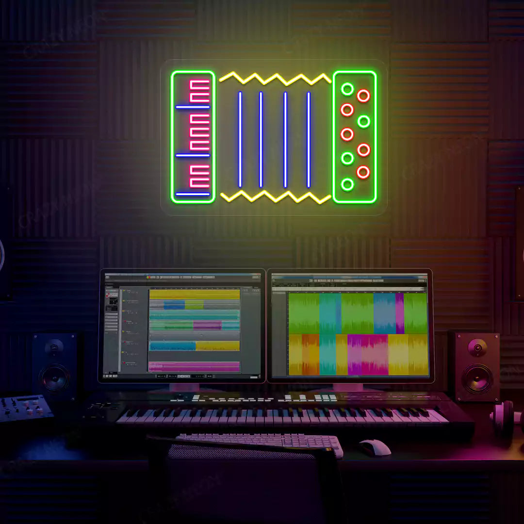 blue accordion neon sign mounted on a wall