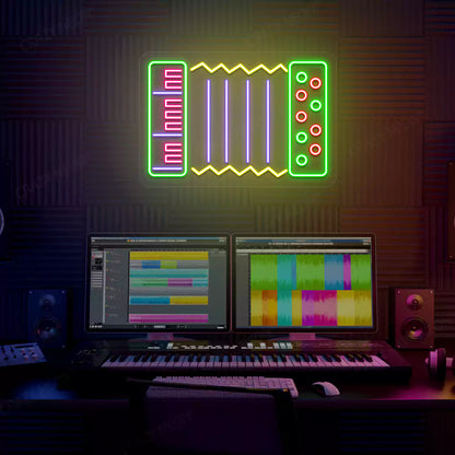 purple accordion neon sign mounted on a wall