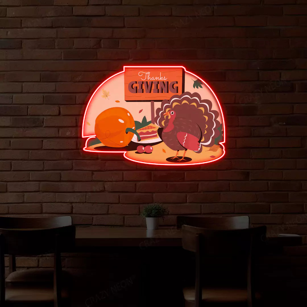 Thanksgiving turkey and pumpkin feast neon sign in red