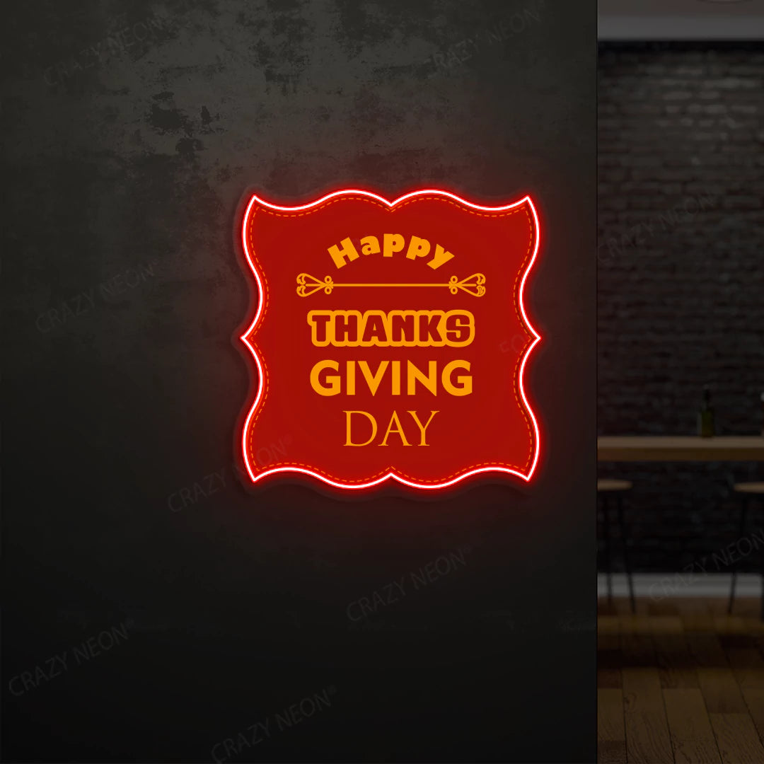 Grateful greetings happy thanksgiving day neon sign in red