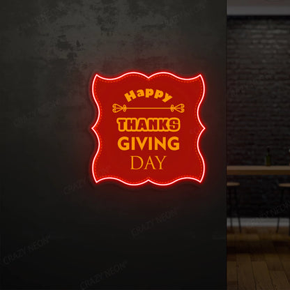 Grateful greetings happy thanksgiving day neon sign in red