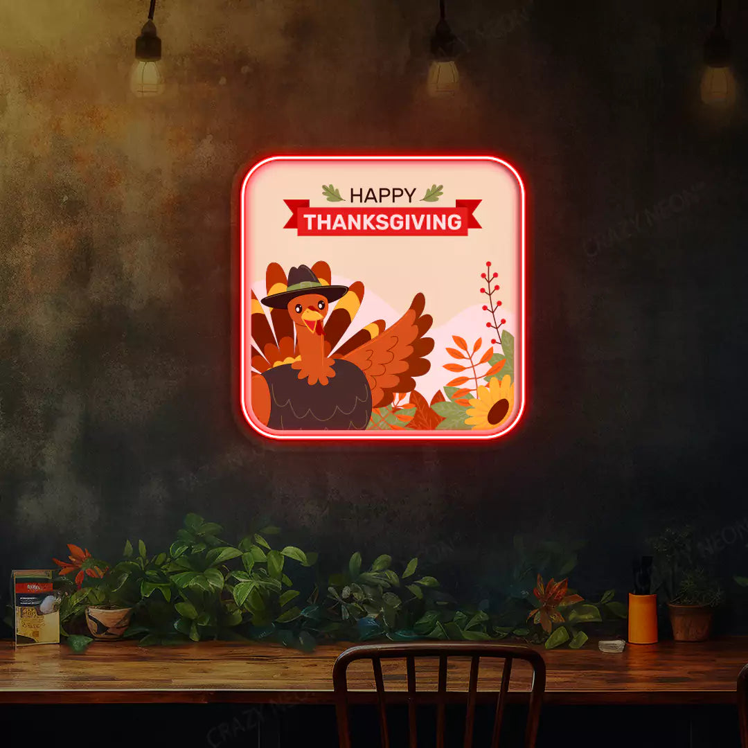 Turkey pilgrim happy thanksgiving neon sign in red