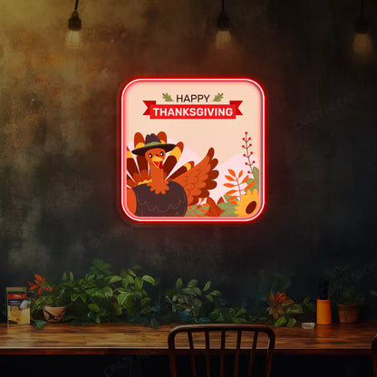 Turkey pilgrim happy thanksgiving neon sign in red