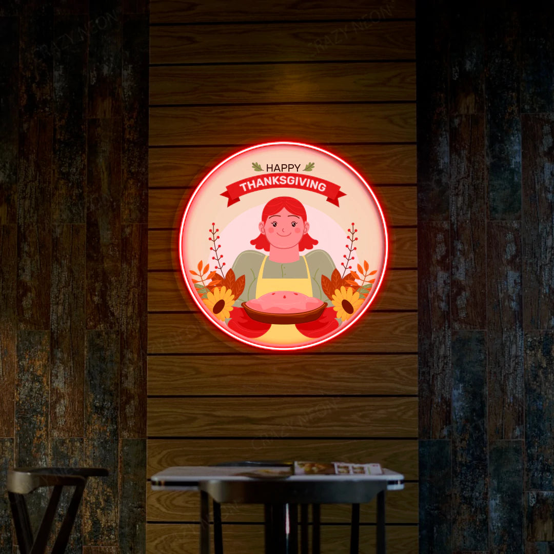 Thanksgiving pie with red-haired chef neon sign in red