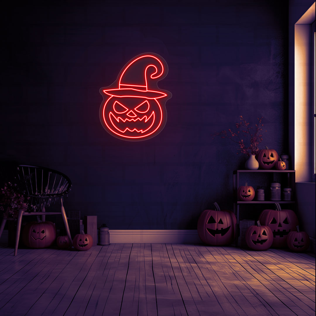 Angry Pumpkin Hat Neon Sign
