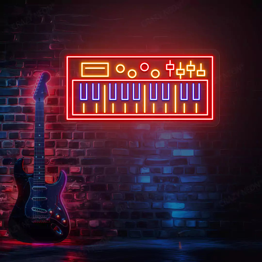 blue and red synth keyboard neon sign mounted on a wall