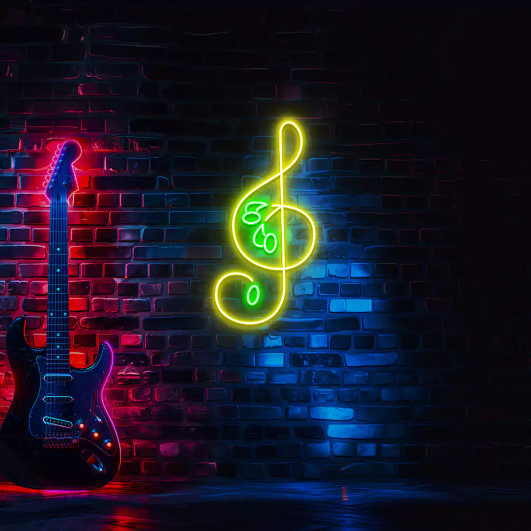 ClefGlow Neon Sign in Yellow and Green colour Mounted on Wall