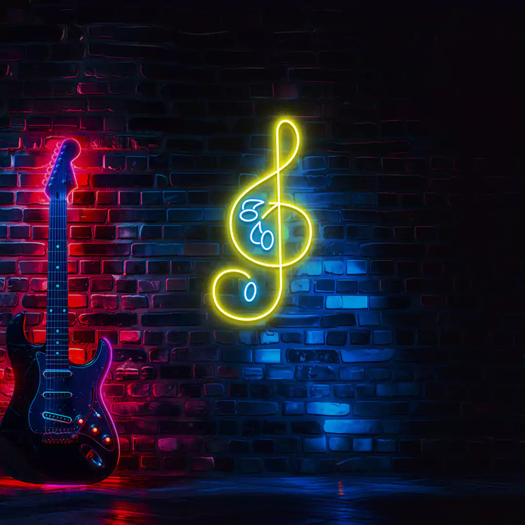 ClefGlow Neon Sign in Yellow and Ice blue colour Mounted on Wall