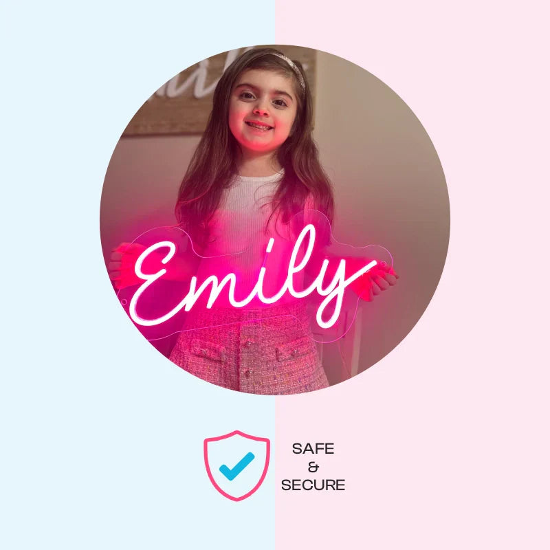 Safe and secure custom neon name sign with vibrant pink LED lighting for kids' room decor