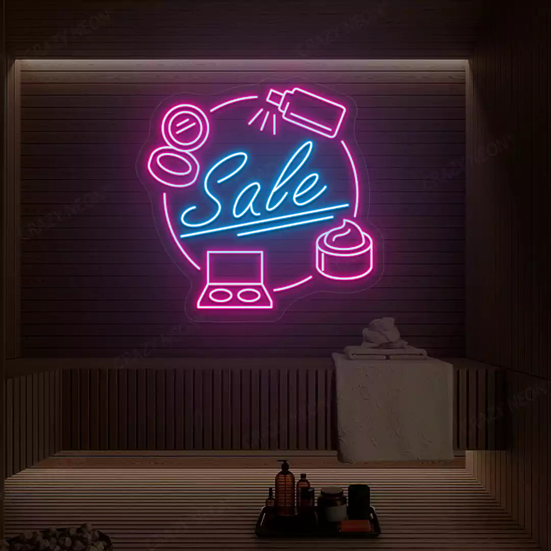Pink and ice blue Cosmetic Sale neon sign glowing on a wooden wall