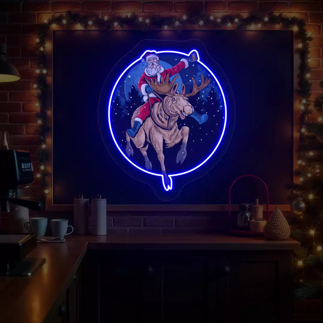Santa Cheers Reindeer Ride Neon Artwork | Blue