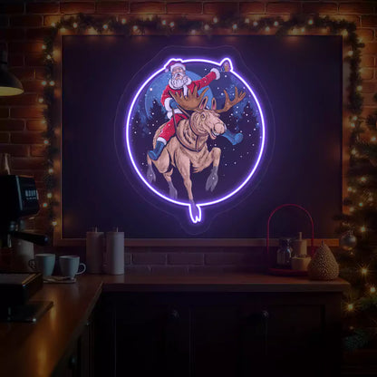 Santa Cheers Reindeer Ride Neon Artwork | Purple