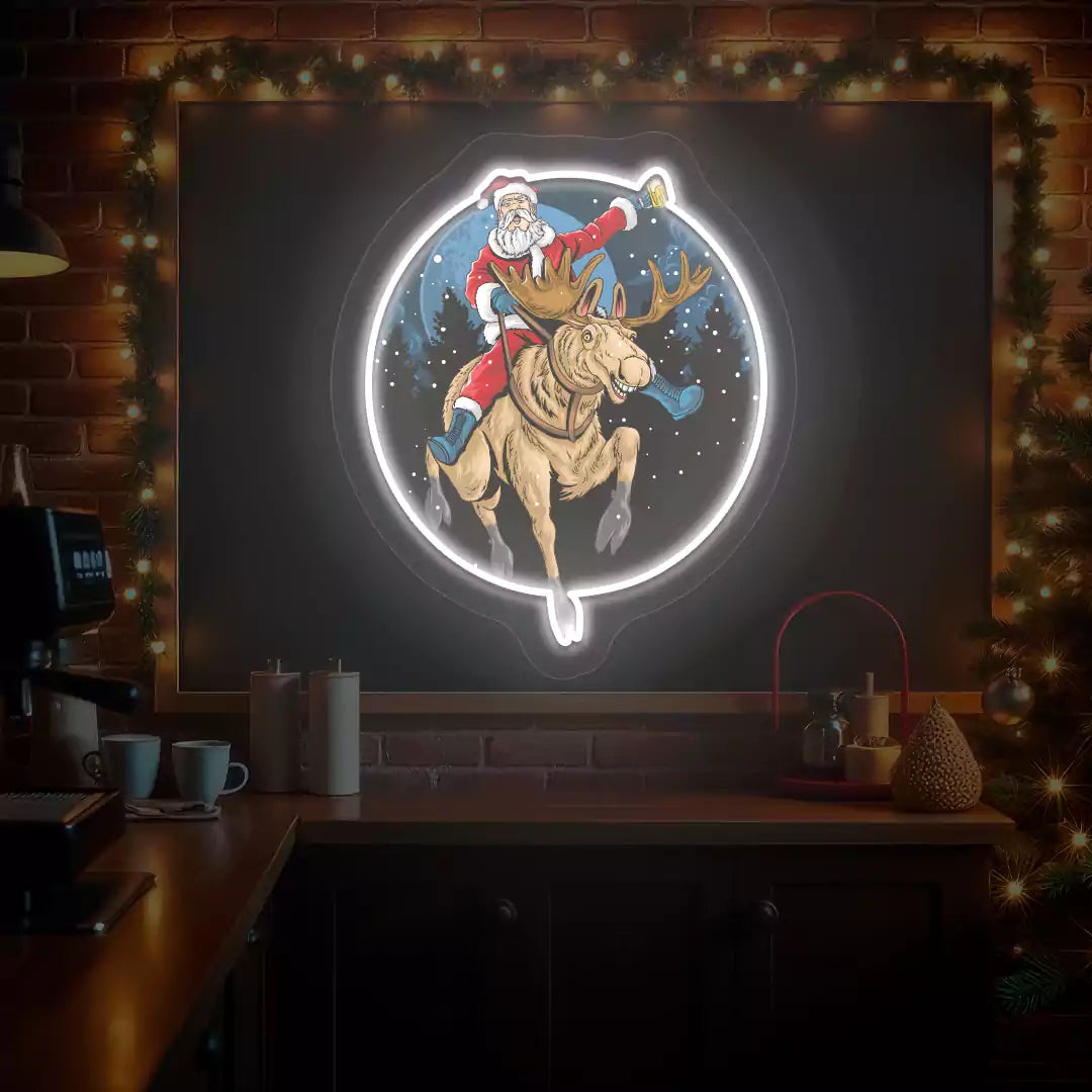 Santa Cheers Reindeer Ride Neon Artwork | White