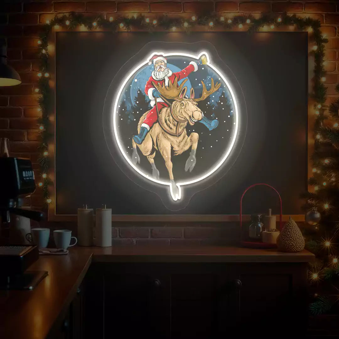 Santa Cheers Reindeer Ride Neon Artwork | Warmwhite