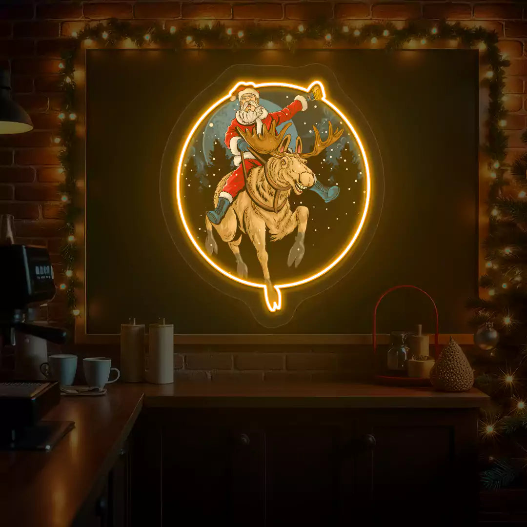 Santa Cheers Reindeer Ride Neon Artwork | Orange