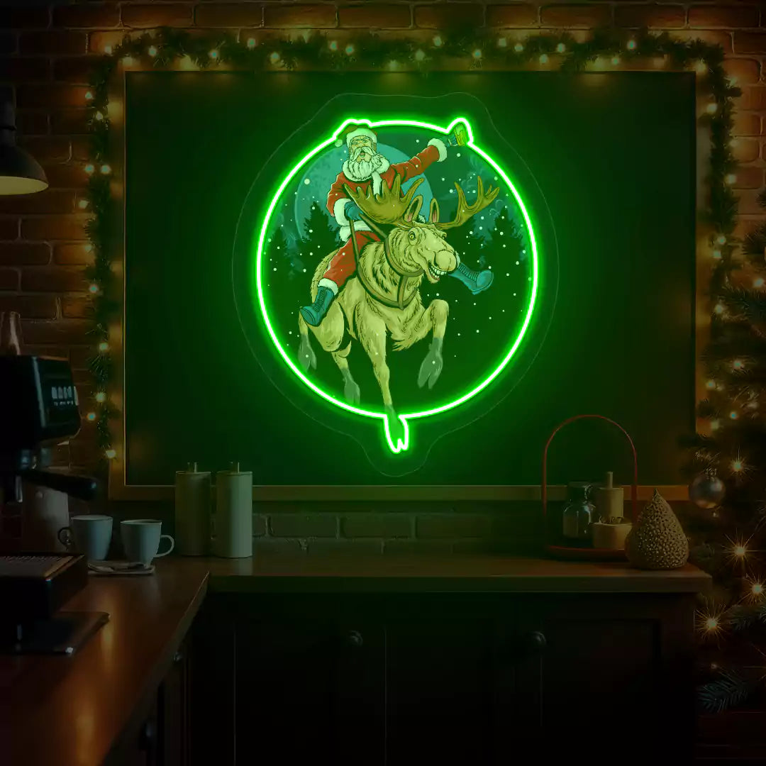 Santa Cheers Reindeer Ride Neon Artwork | Green