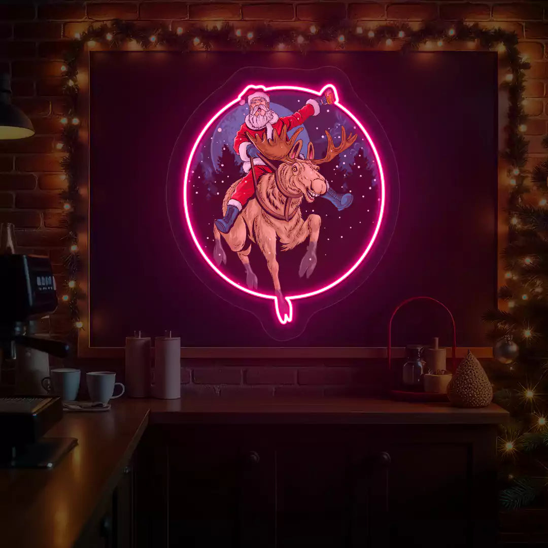 Santa Cheers Reindeer Ride Neon Artwork | Pink