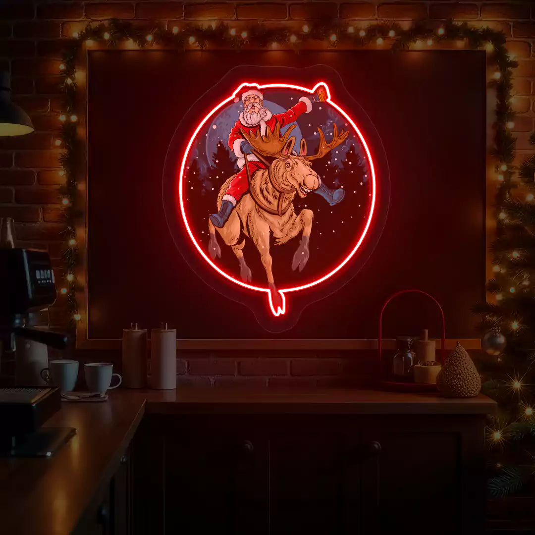 Santa Cheers Reindeer Ride Neon Artwork | Red