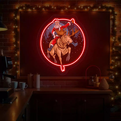 Santa Cheers Reindeer Ride Neon Artwork | Red