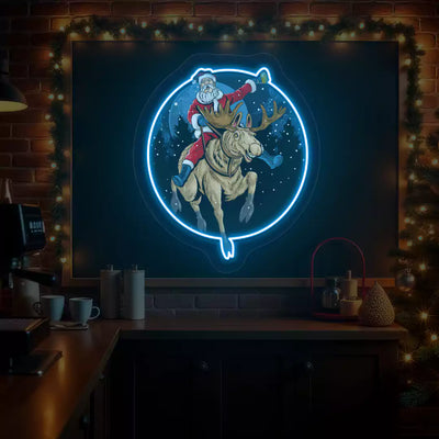 Santa Cheers Reindeer Ride Neon Artwork | Iceblue