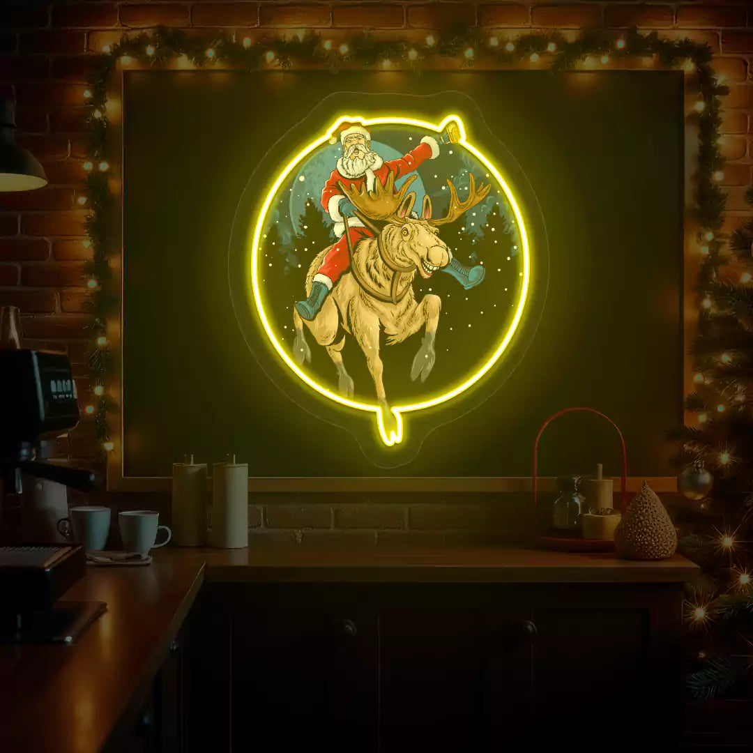 Santa Cheers Reindeer Ride Neon Artwork | Yellow