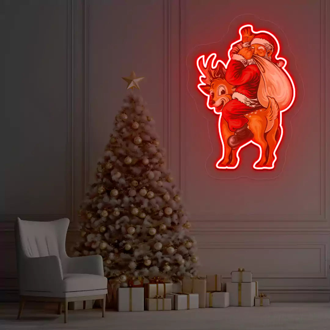 Santa’s Jolly Reindeer Ride Neon Artwork | Red