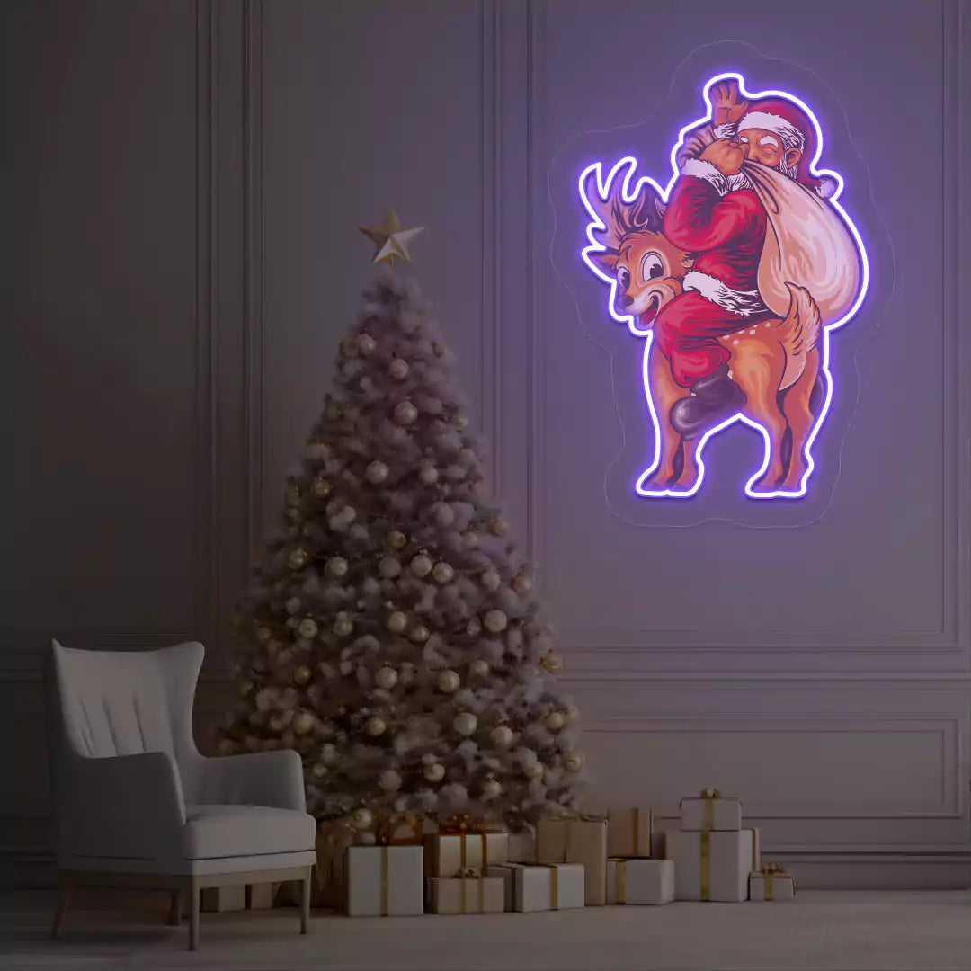 Santa’s Jolly Reindeer Ride Neon Artwork | Purple