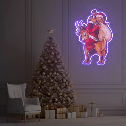 Santa’s Jolly Reindeer Ride Neon Artwork | Purple