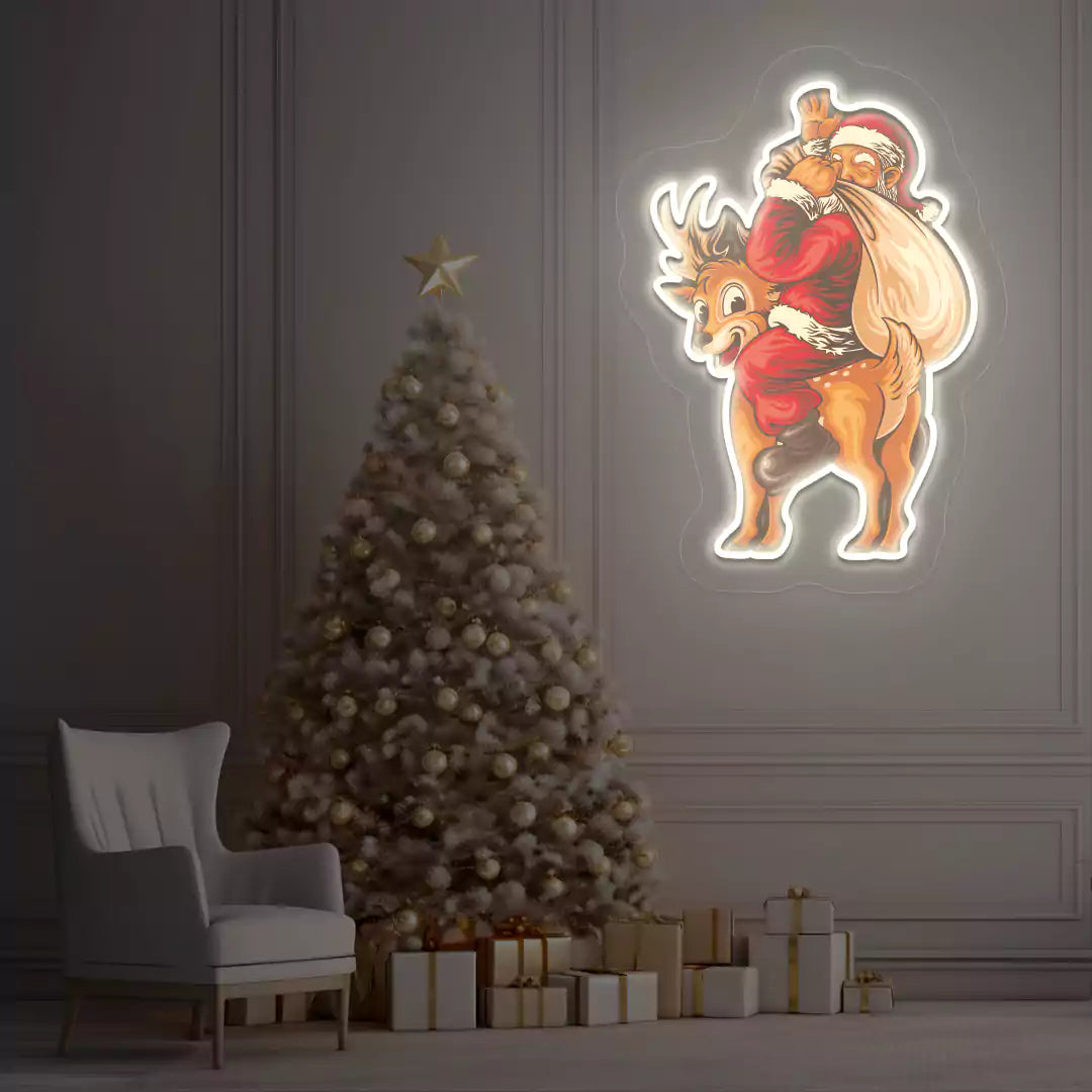 Santa’s Jolly Reindeer Ride Neon Artwork | White