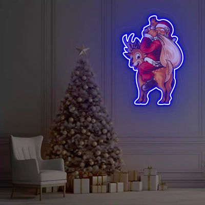 Santa’s Jolly Reindeer Ride Neon Artwork | Blue