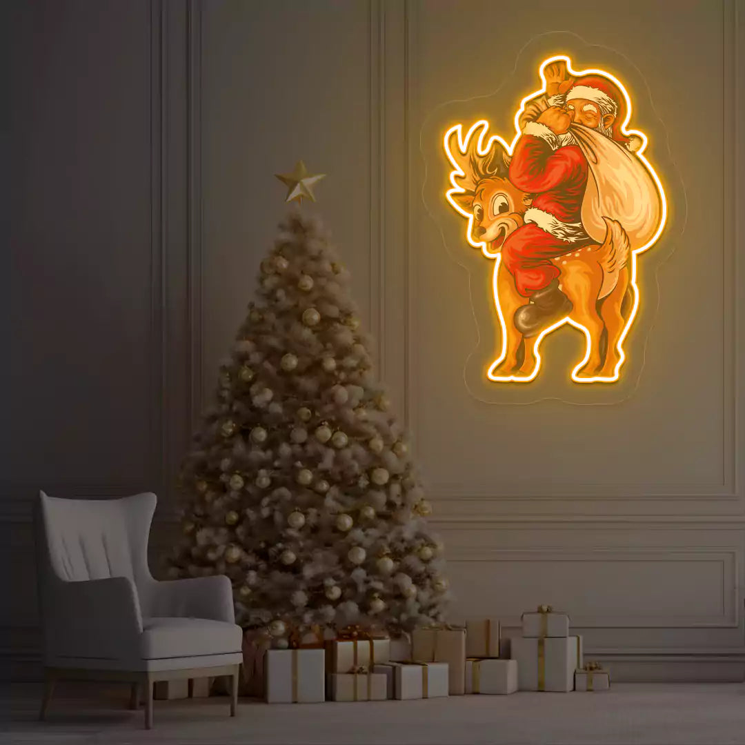 Santa’s Jolly Reindeer Ride Neon Artwork | Orange