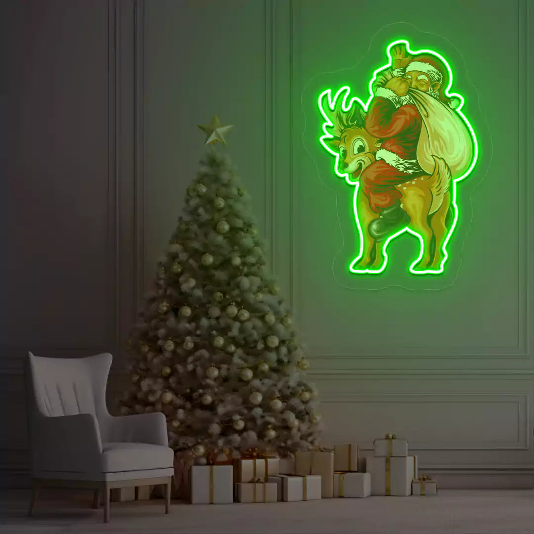 Santa’s Jolly Reindeer Ride Neon Artwork | Green