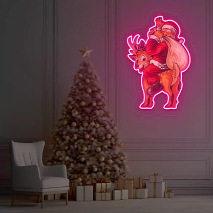 Santa’s Jolly Reindeer Ride Neon Artwork | Pink