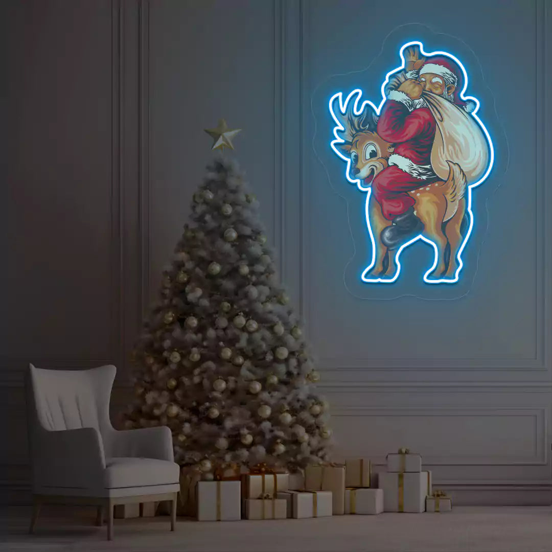 Santa’s Jolly Reindeer Ride Neon Artwork | Iceblue