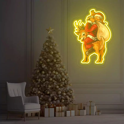 Santa’s Jolly Reindeer Ride Neon Artwork | Yellow