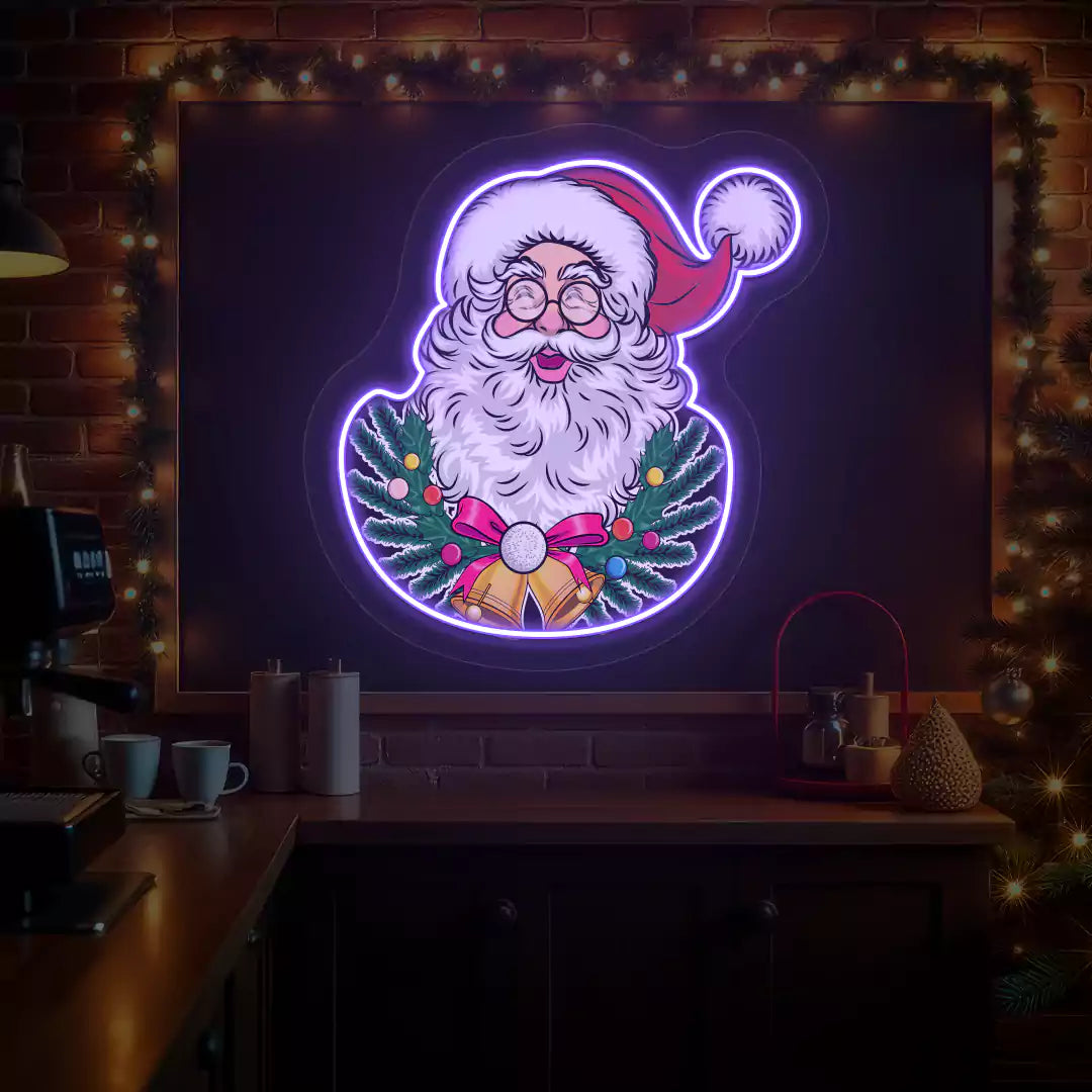 Jingle Bell Santa Wreath Neon Artwork | Purple