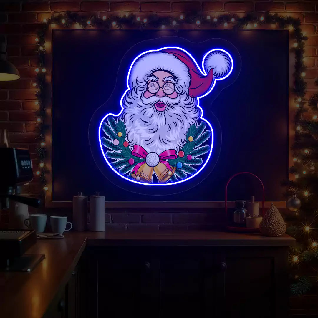 Jingle Bell Santa Wreath Neon Artwork | Blue