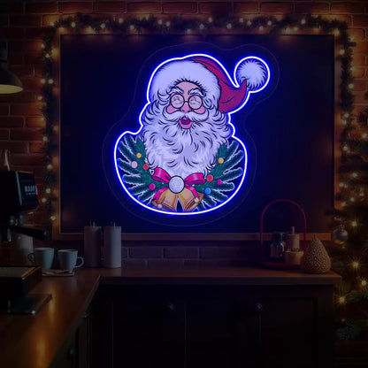 Jingle Bell Santa Wreath Neon Artwork | Blue