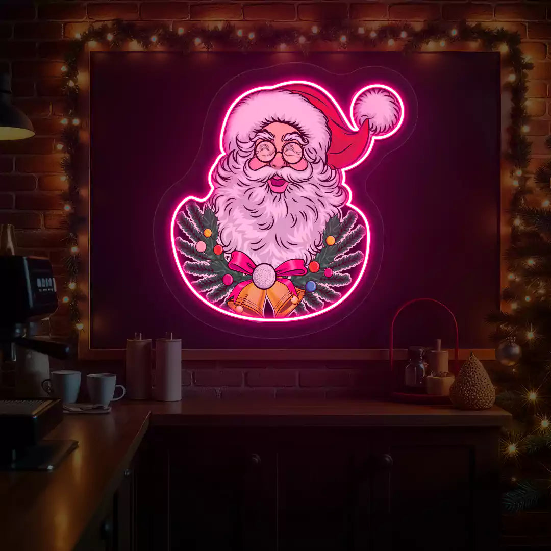 Jingle Bell Santa Wreath Neon Artwork | Pink