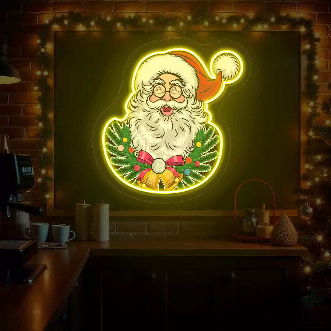 Jingle Bell Santa Wreath Neon Artwork | Yellow