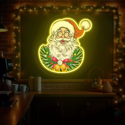 Jingle Bell Santa Wreath Neon Artwork | Yellow