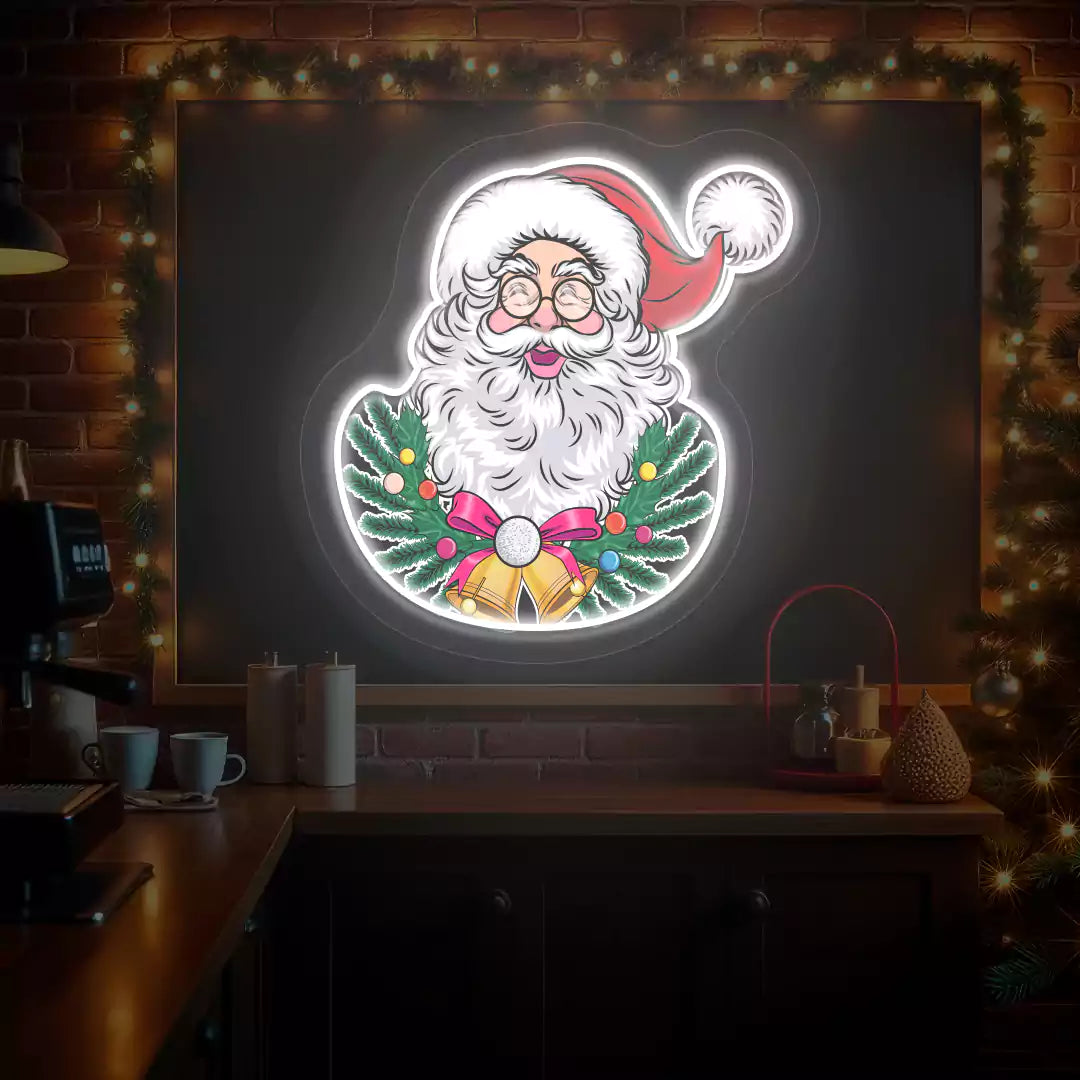 Jingle Bell Santa Wreath Neon Artwork | White