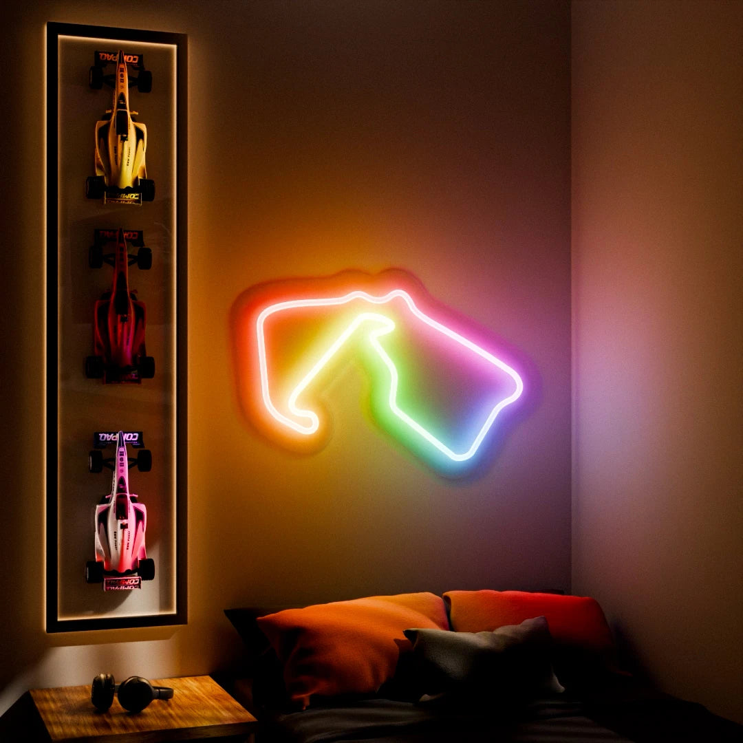 RGB Flow Silverstone Grand Prix Circuit LED neon wall sign in blue red and yellow