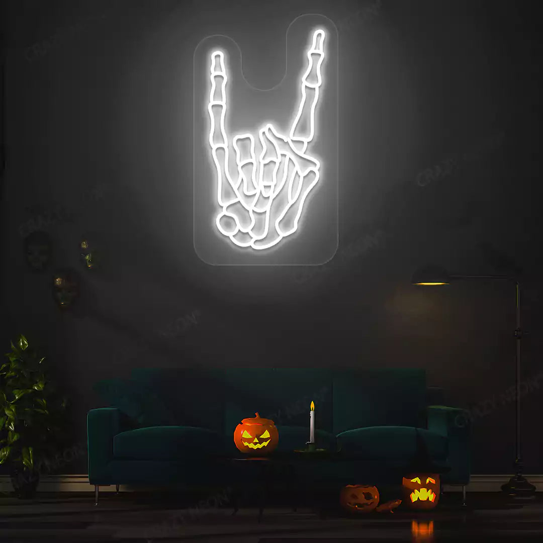 Rock On Skeleton Hand Neon Sign | White