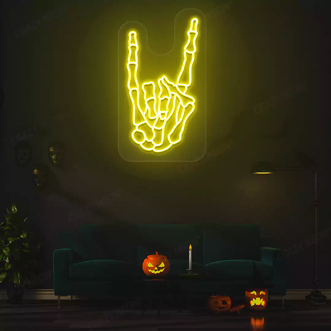 Rock On Skeleton Hand Neon Sign | Yellow