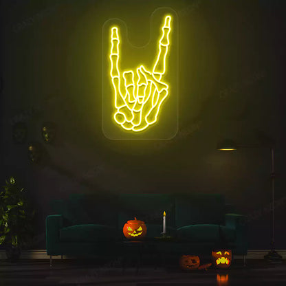 Rock On Skeleton Hand Neon Sign | Yellow