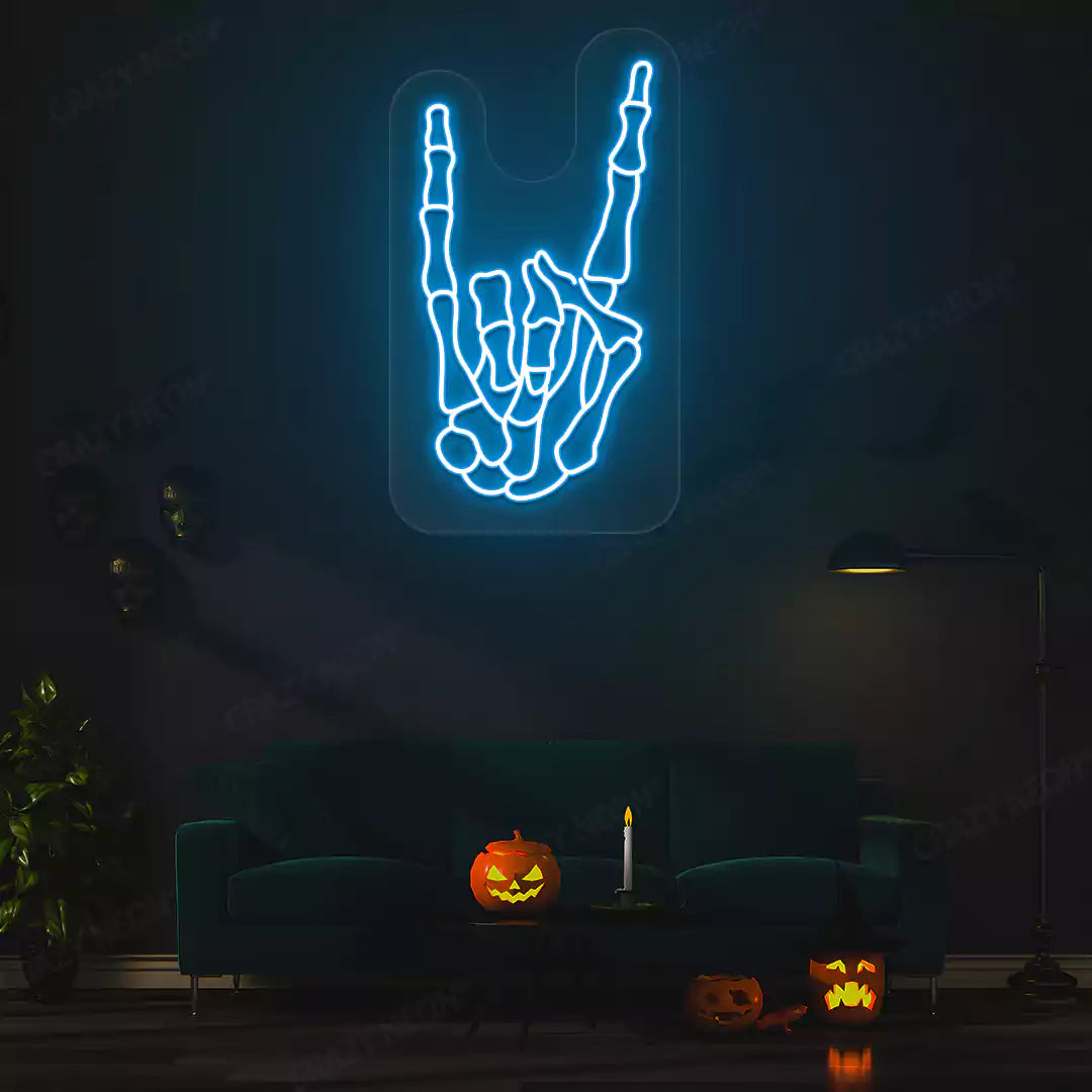 Rock On Skeleton Hand Neon Sign | Iceblue