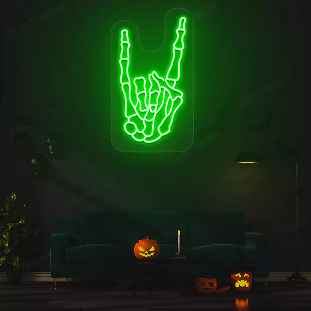 Rock On Skeleton Hand Neon Sign | Green